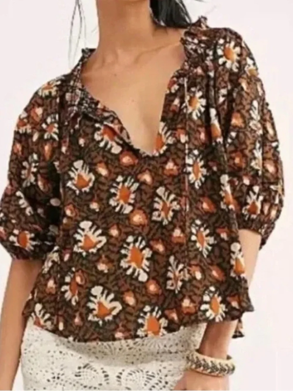 Free People Willow Print Puff Sleeve Blouse Small